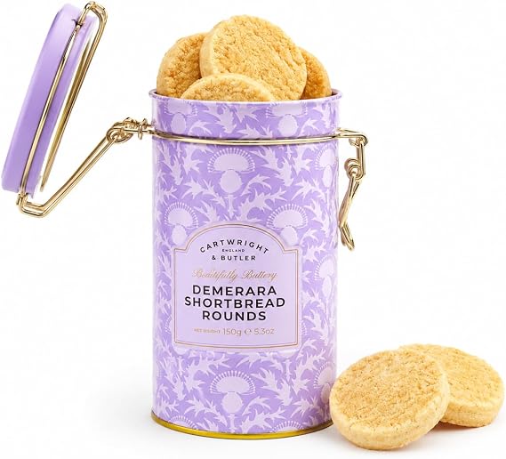 Cartwright & Butler Demerara Shortbread Rounds in Tin, Buttery Shortbread Biscuits with Demerara Sugar, Premium Gift Tin, Sweet Biscuits for Tea, Coffee & Gifting, 150g