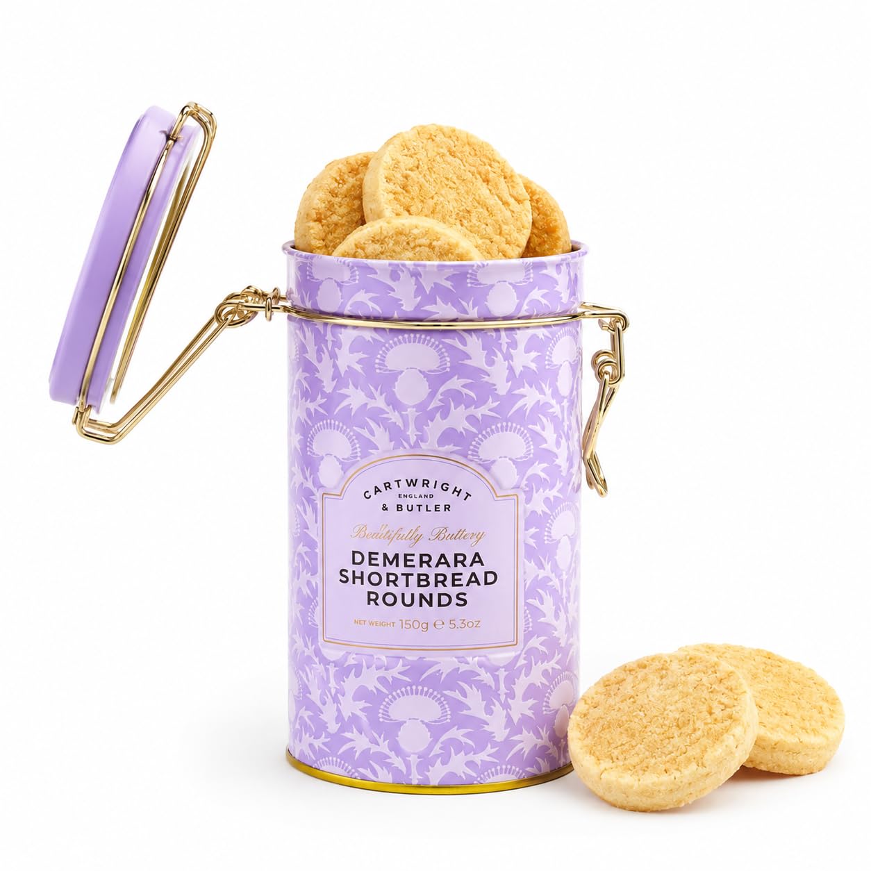 Cartwright & Butler Demerara Shortbread Rounds in Tin, Buttery Shortbread Biscuits with Demerara Sugar, Premium Gift Tin, Sweet Biscuits for Tea, Coffee & Gifting, 150g