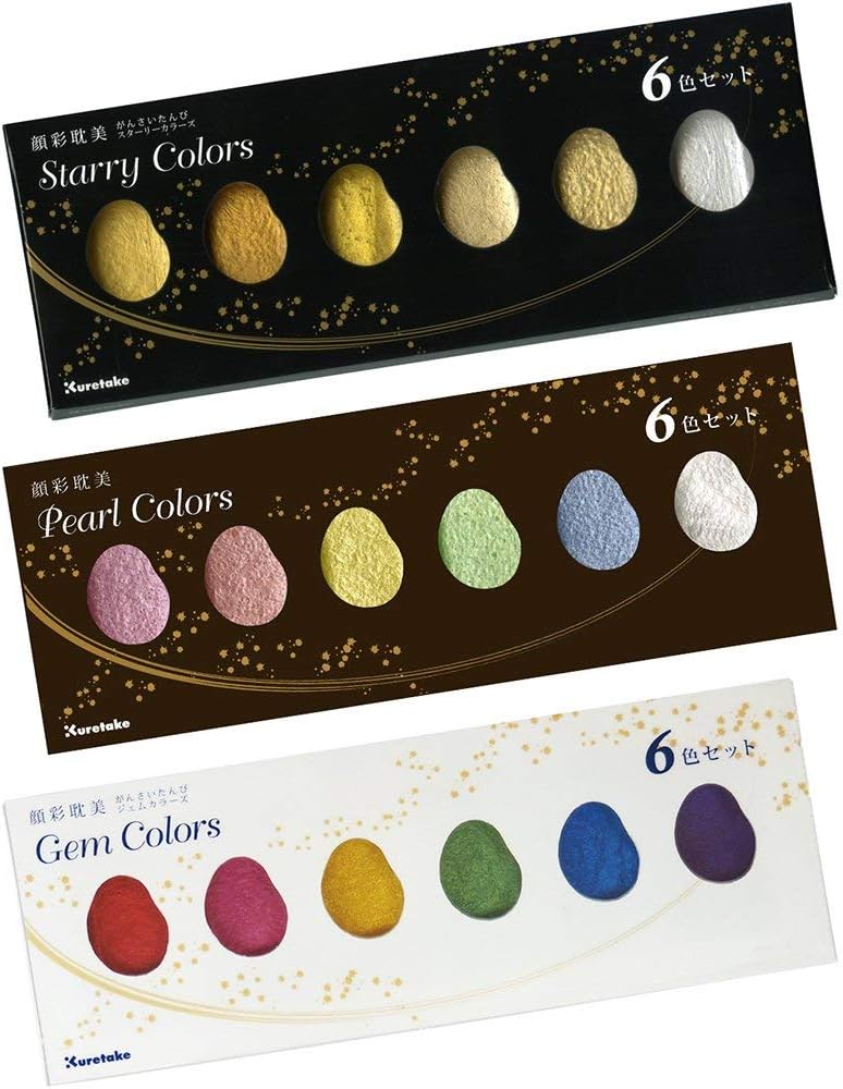 Kuretake GANSAI TAMBI 6 colors, 3 pack set, STARRY, PEARL, GEM, Watercolor Paint Set, Gold, Silver, Glitter, for Professional, Artist, Made in Japan