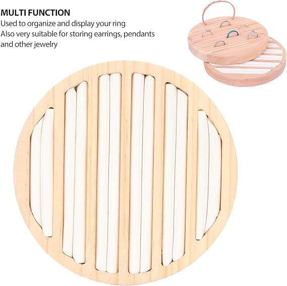 Round Ring Tray, 6 Slots Solid Wood Ring Tray, Wooden Jewelry Display Tray | Small Jewelry Tray Ring Organizer, Rings Earrings Display Tray Storage Insert Holder for Rings(White Leather)
