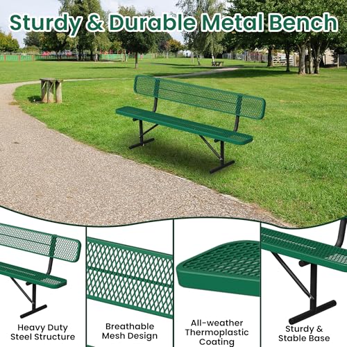 Image of Heavy Duty Park Bench with Back Portable Frame, Outdoor Steel Bench with Backrest, Outdoor Park Bench Expanded Metal Mesh Bench for Lawn, Park, Deck, Garden, Patio, Porch, Black (Green, 8FT)