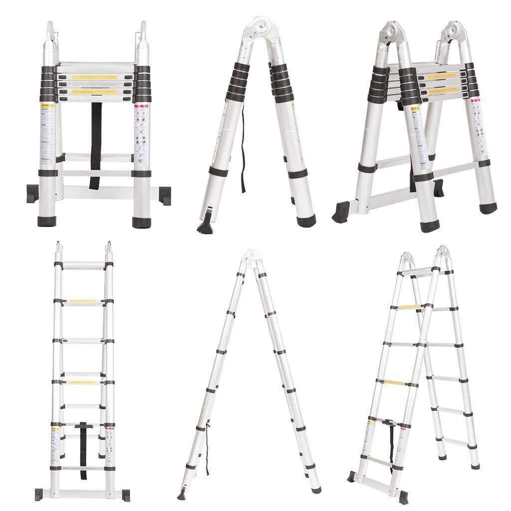 Jaosy Silver 3.8M Telescopic Ladder Diy Aluminum Alloy Folding Extendable Extension Ladder A-Frame Multi Purpose Load Capacity 150Kg(1.9M+1.9M)