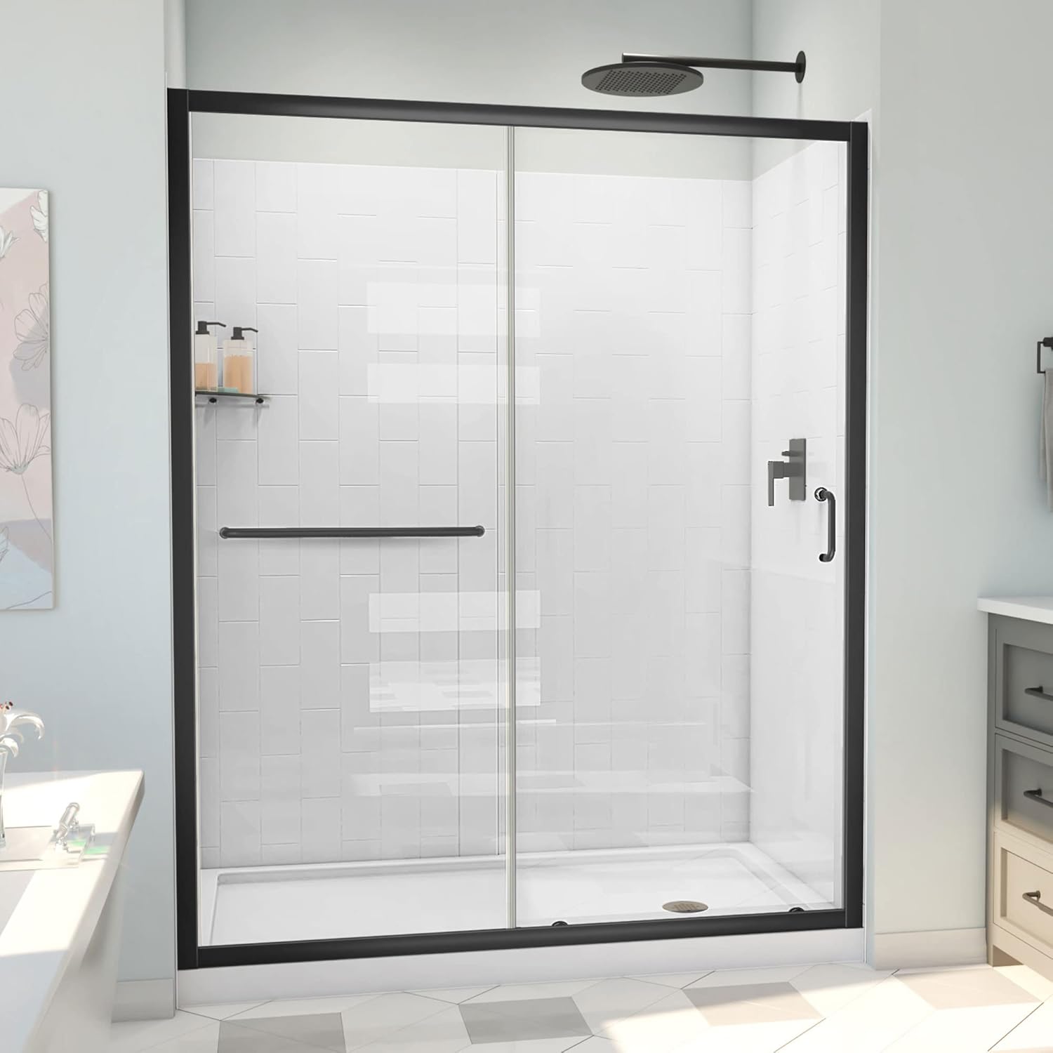 DreamLine Infinity-Z 34 inch D x 60 inch W x 78 3/4 inch H Semi-Frameless Sliding Shower Door in Matte Black and Clear Glass, Right Drain Shower Base, and Wall Kit in White