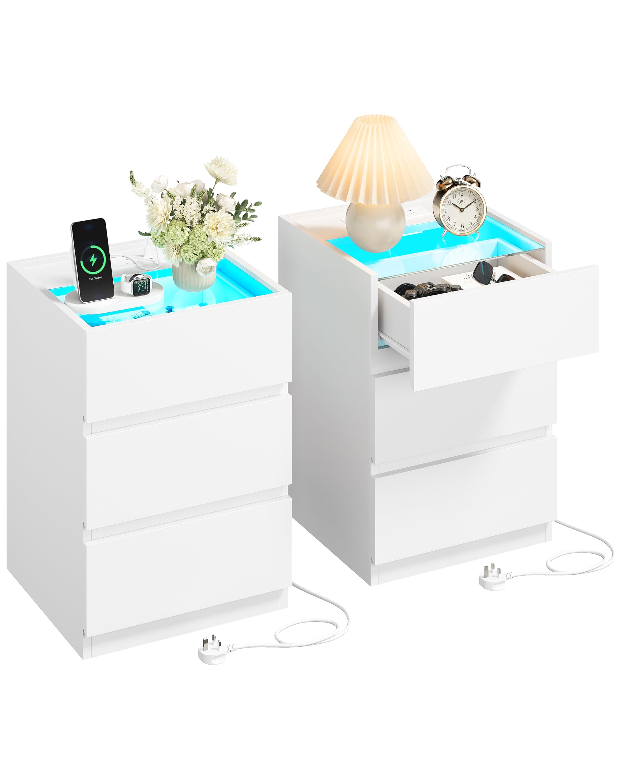 IRONCK Bedside Table Glass Top Bedside Cabinet with LED & Charging Station