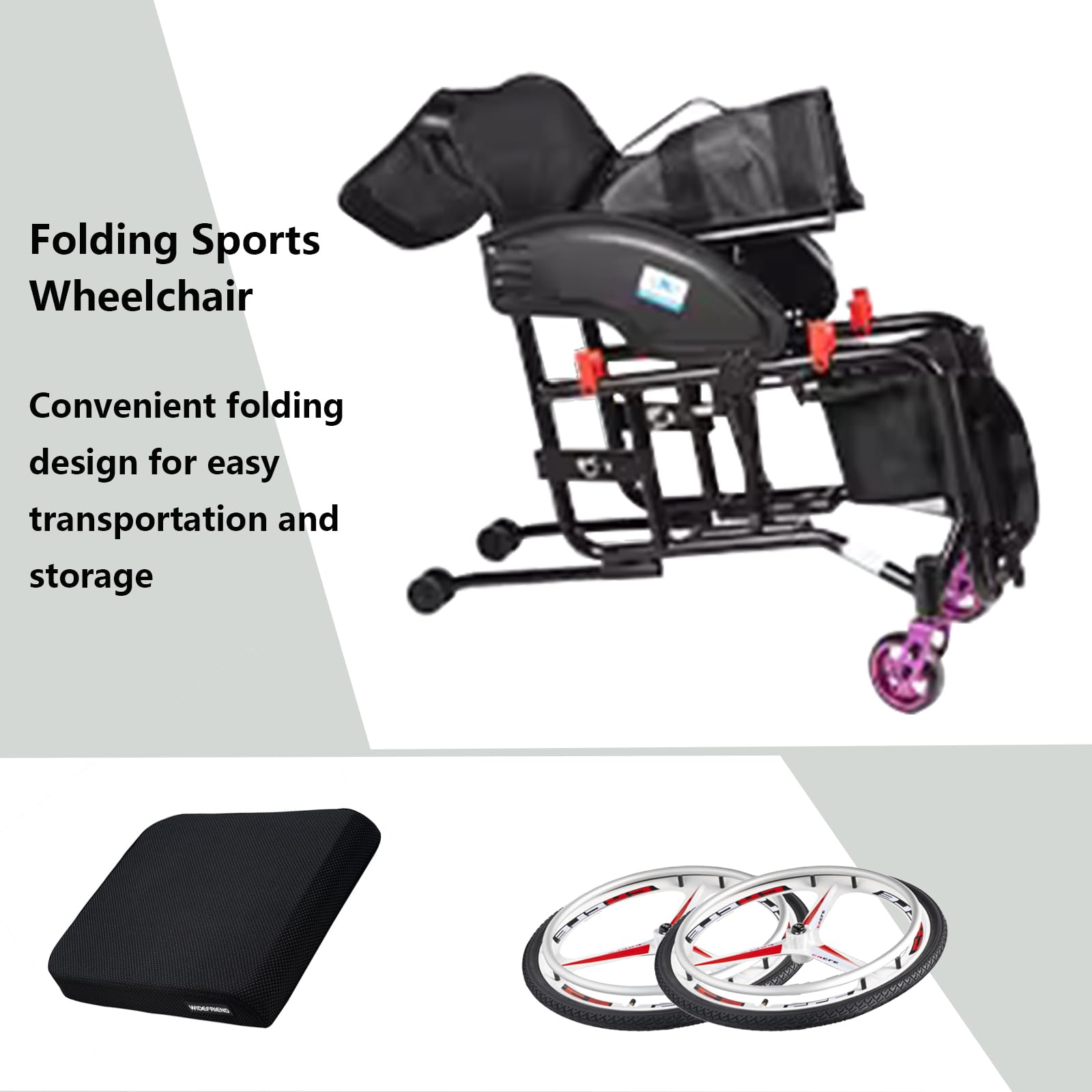 Składany wózek inwalidzki do uprawiania sportu, lekki, transportowy wózek inwalidzki do mieszkania i w podróży, ręczny, hamulec ręczny, szybkie zapięcie (38 cm, czarny)
