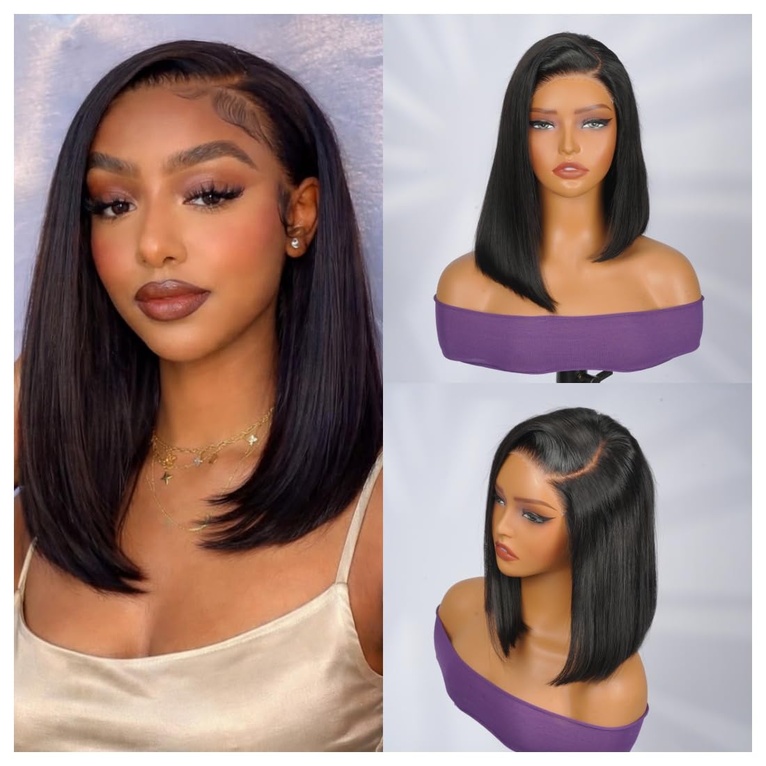 Ali Pearl Glueless Bob Wig Human Hair Pre Cut 5x5 HD Lace Closure 180 Density Wear and Go Pre Plucked Side Part Short Straight Bob Wig Beginner Friendly Natural