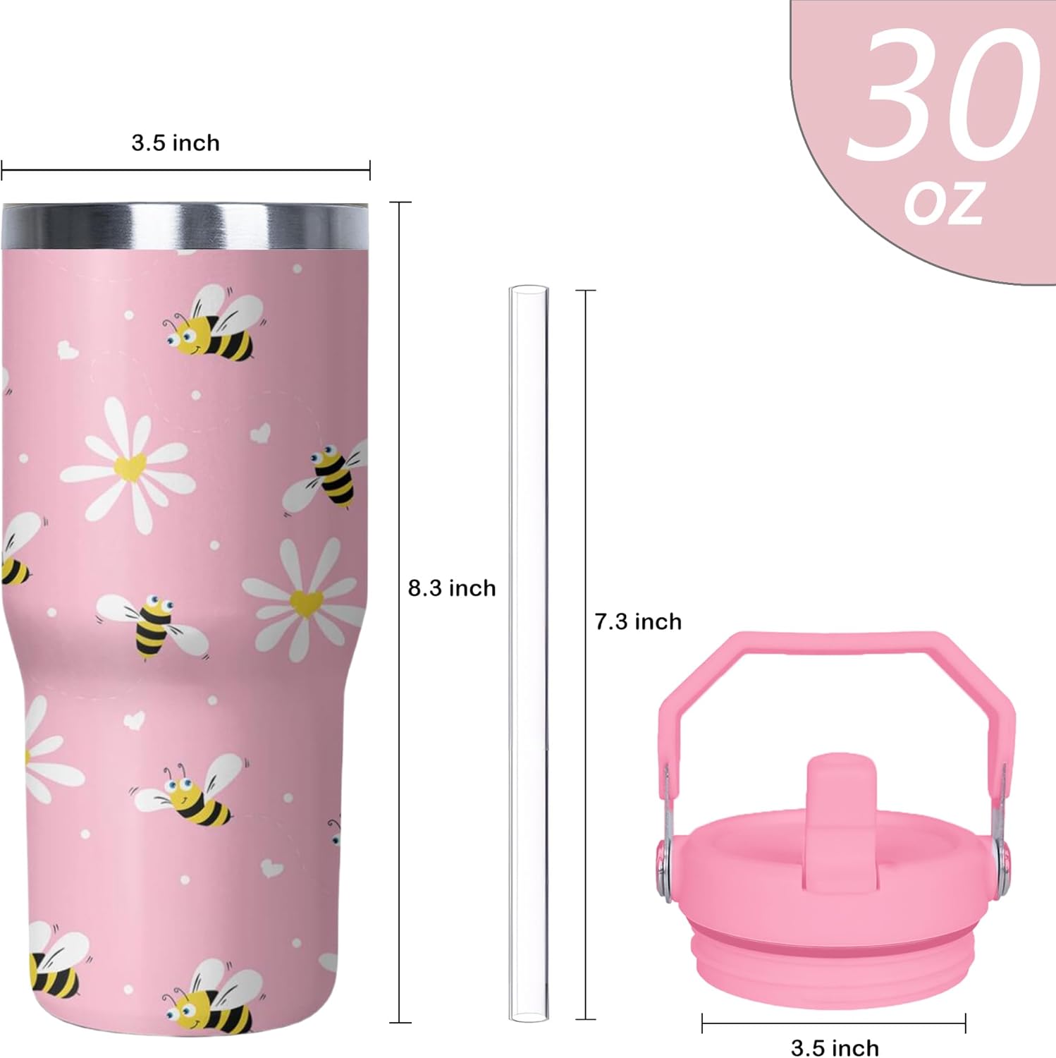 Bee Tumbler with Handle and Flip Straw for Women Men, 30oz Daisy Stainless Steel Insulated Cup, Water Bottle Travel Coffee Mug,Gifts for Animal Lovers - Image 2