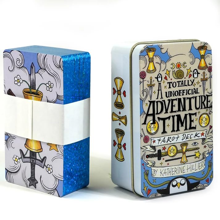 Image of DUNGRANI ENTERPRISE Totally Unofficial Adventure Time Tarot Card Game in A Tin A 78-Card Deck with Guidebook Gilded Golden (Limited Edition) 400 GSM Gold Core Cardstock for Adults