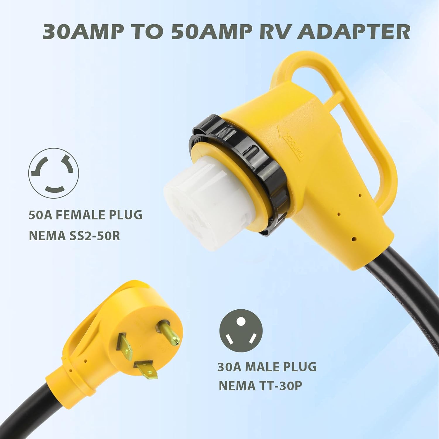 30 Amp to 50 Amp RV Adapter with Twist Lock for 30A RV Extension Cord and Generator, NEMA TT-30P to NEMA SS2-50R Dogbone Electrical Power Adapter with Upgraded Handle, ETL Listed