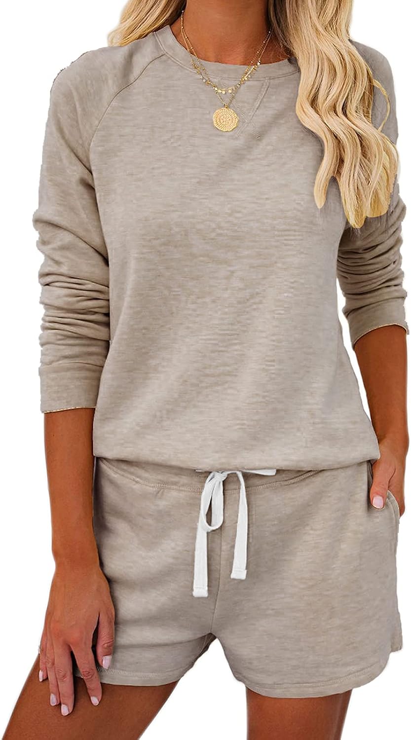 Metietila Women’s Long Sleeve Pajamas Set PJ Sets Casual Pullover and Shorts PJs Jogger Set Sleepwear Loungewear