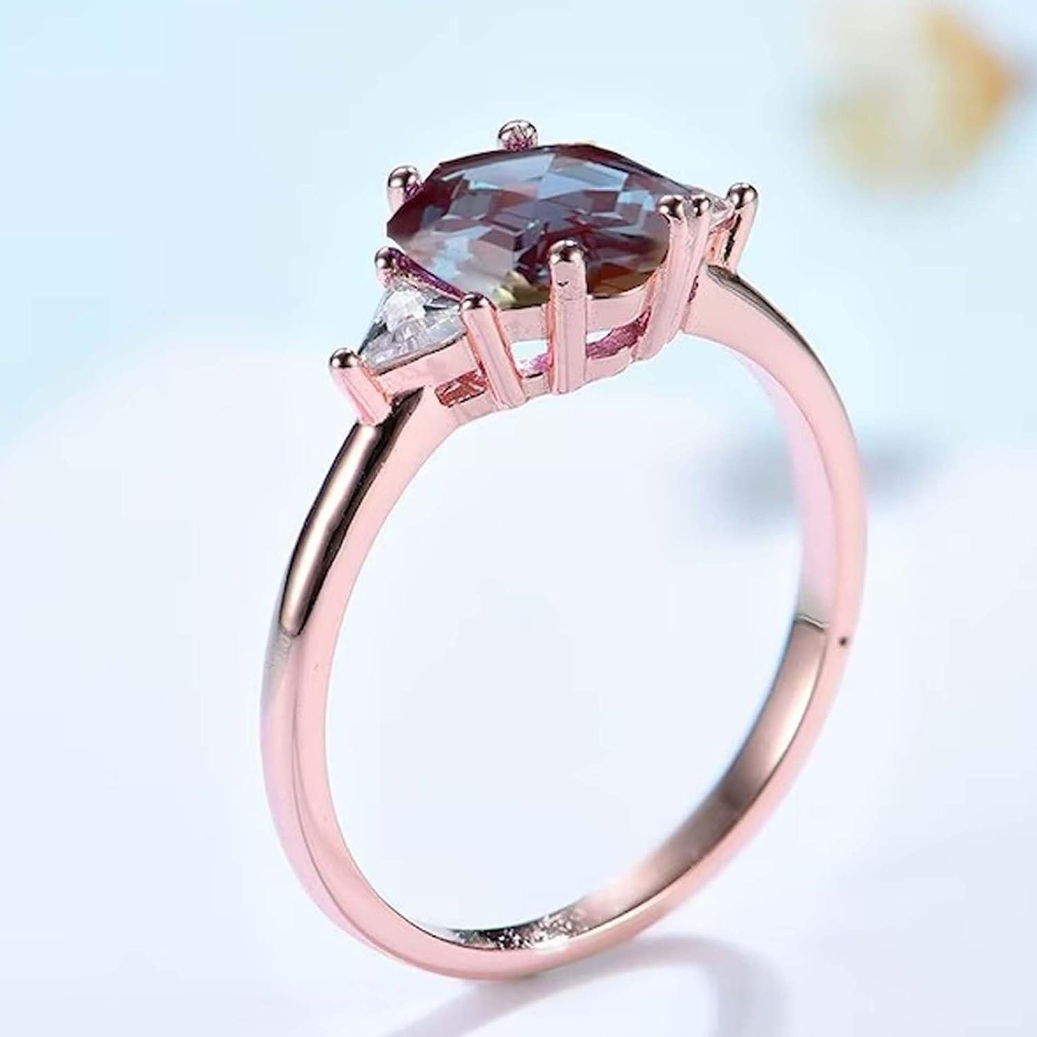 Solid 925 Sterling Silver Hexagon Alexandrite Ring for Women Solitaire Halo Diamond Ring Prefect Promise Best Gift for Her June Birthstone Alexandrite Ring Vintage Alexandrite Gemstone Ring