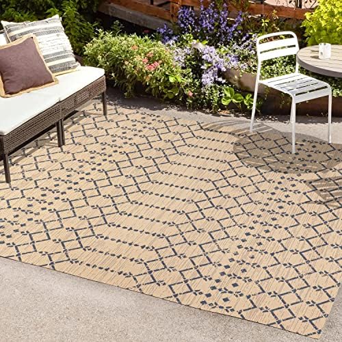 JONATHAN Y SMB108H-3 Ourika Moroccan Geometric Textured Weave Indoor Outdoor Area-Rug, Coastal, Traditional, Transitional Easy-Cleaning,Bedroom,Kitchen,Backyard,Patio,Non Shedding, Beige/Navy, 3 X 5