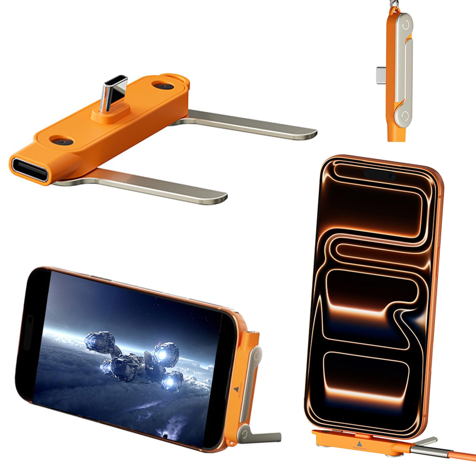 nplaseta Caricatore invisibile 2in1 per telefono, Telefono Laterale 240W Tipo C con supporto per telephone integrato,per smartphone, tablet, giochi e ufficio(Adattatore singolo arancione)