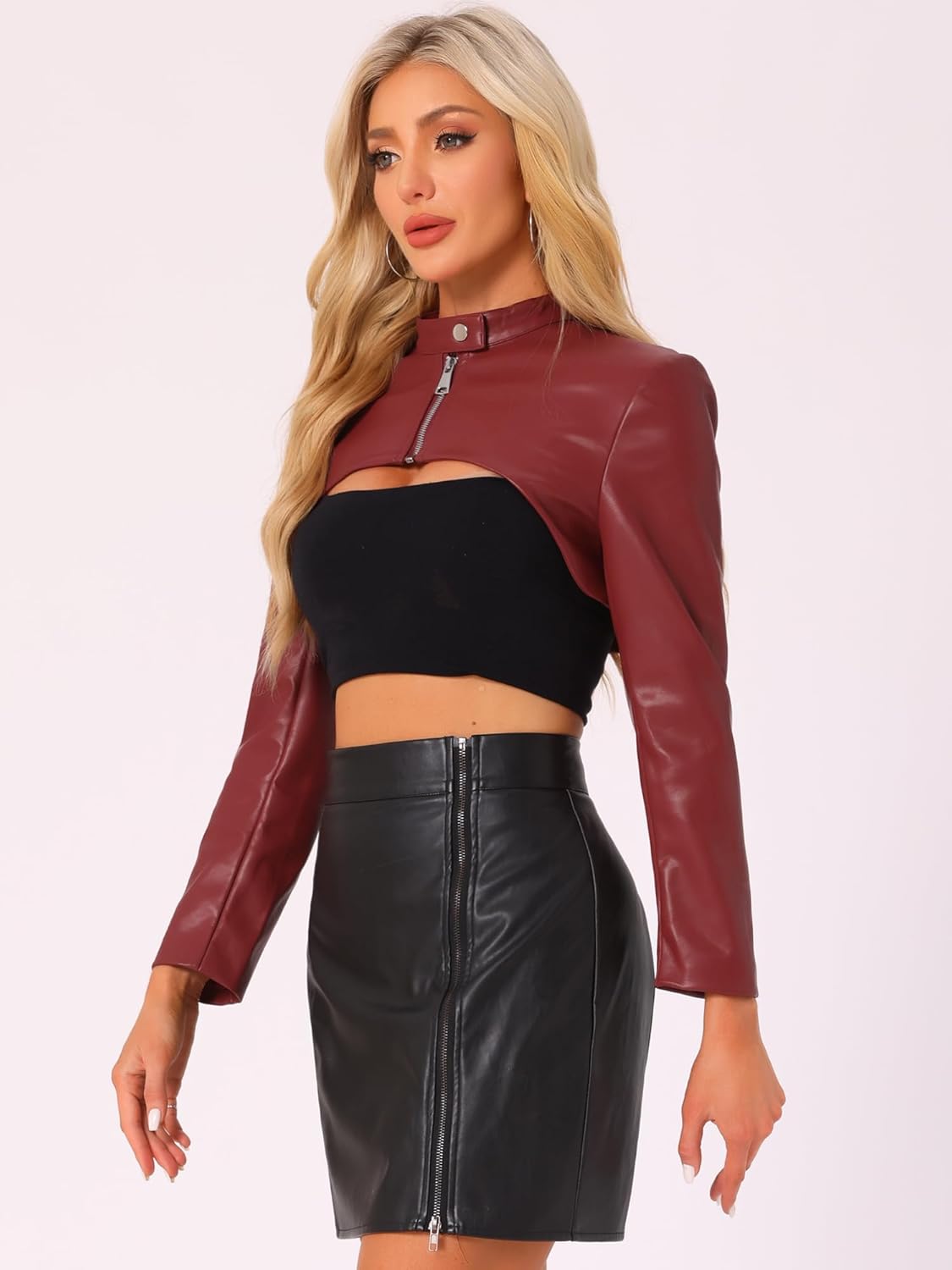 Allegra K Women's Faux Leather Cropped Top Stand Collar Zipper Front Moto Biker Long Sleeve Jacket Coat