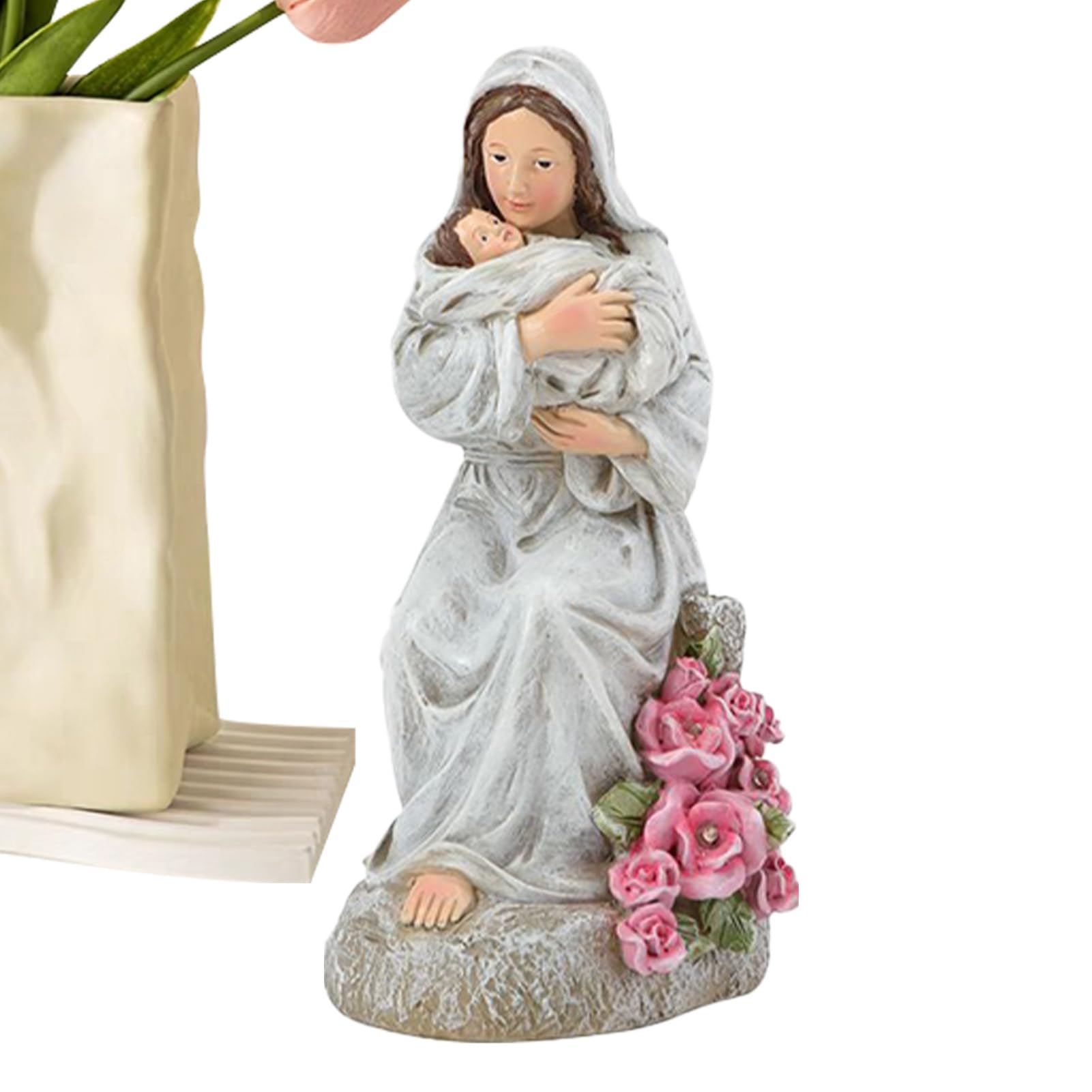 Statue Mère Tenant Son Enfant en Résine, Petite Sculpture Familiale Lumineuse LED