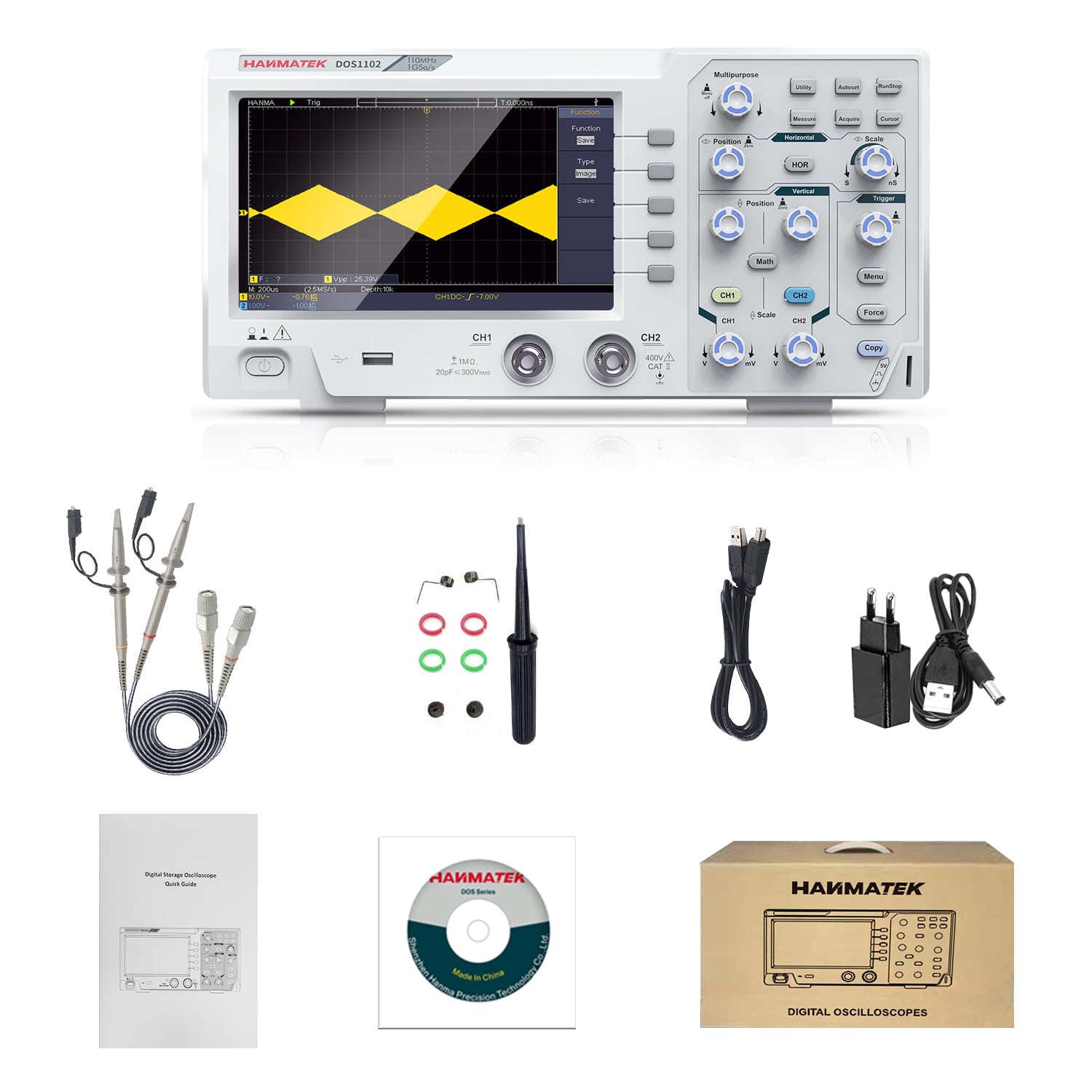 Contents of the Hanmatek DOS1102 oscilloscope package