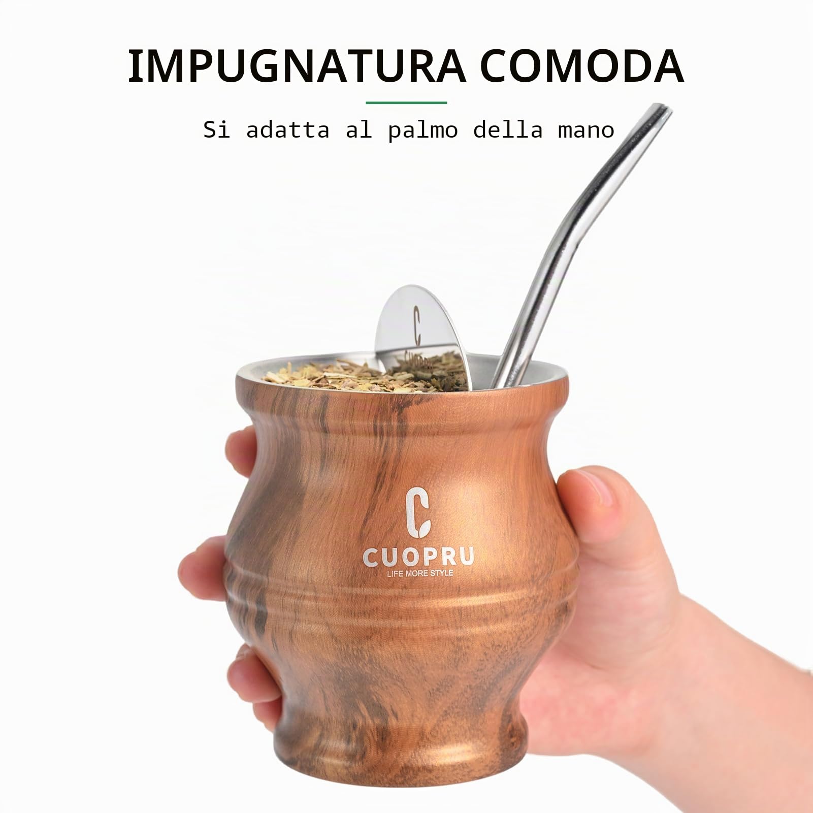 Set Tazza e Termo Yerba Mate – Borraccia Moderna per Maté, Bottiglia Termica, Bombilla e Spazzola di Pulizia Incluse – Tutto in Acciaio Inox 304 18/8 di Qualità Premium (Grano di Legno)