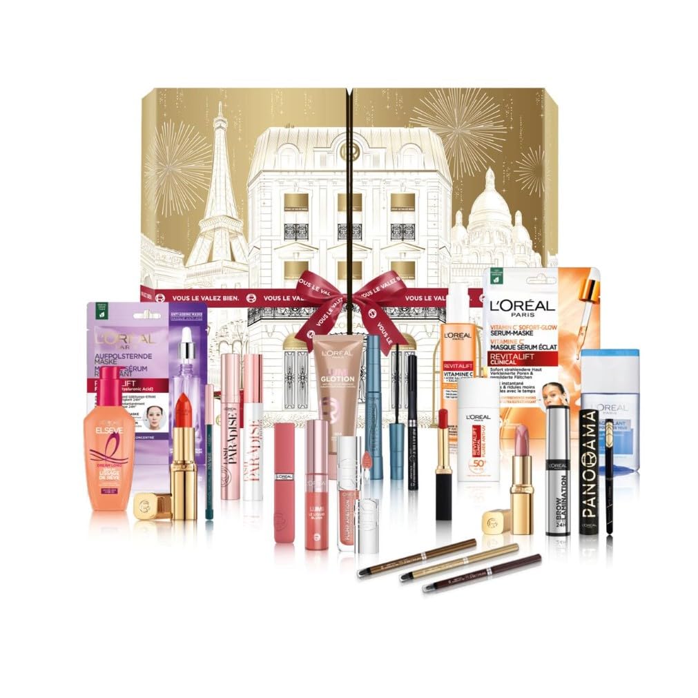 L'Oréal Paris - Calendrier de l'Avent 24 Jours - Coffret Cadeau Noël - Maquillage, Soins Visage et Cheveux - 24 Produits de Beauté Incontournables en Taille Réelle