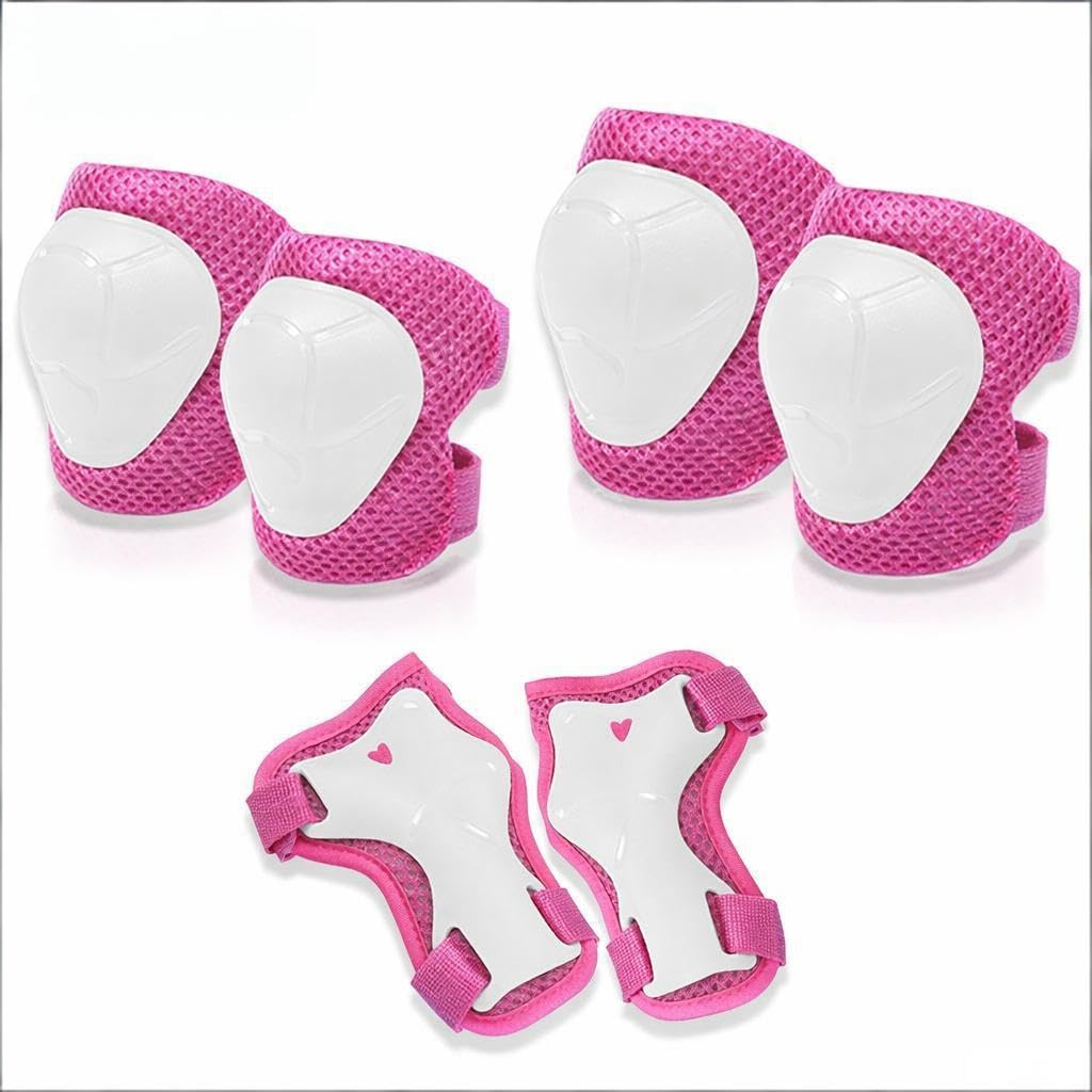 Kids Protective Gear Set 6PCS, Adjustable Knee Elbow Wrist Guards with Mesh Bag, Safety Protector for Kids Boys Girls, for Skateboard Roller Skating Biking Scooter Outdoor Sports (Pink)