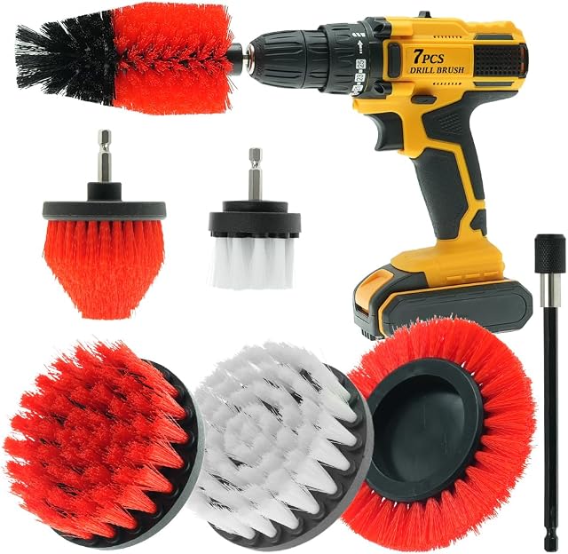 7 Pcs Drill Brush Set All Purpose Power Scrubber Cleaning Kit with Extend Attachment for Bathroom Surfaces, Grout, Floor, Tub, Shower, Tile, Kitchen and Car (Red)