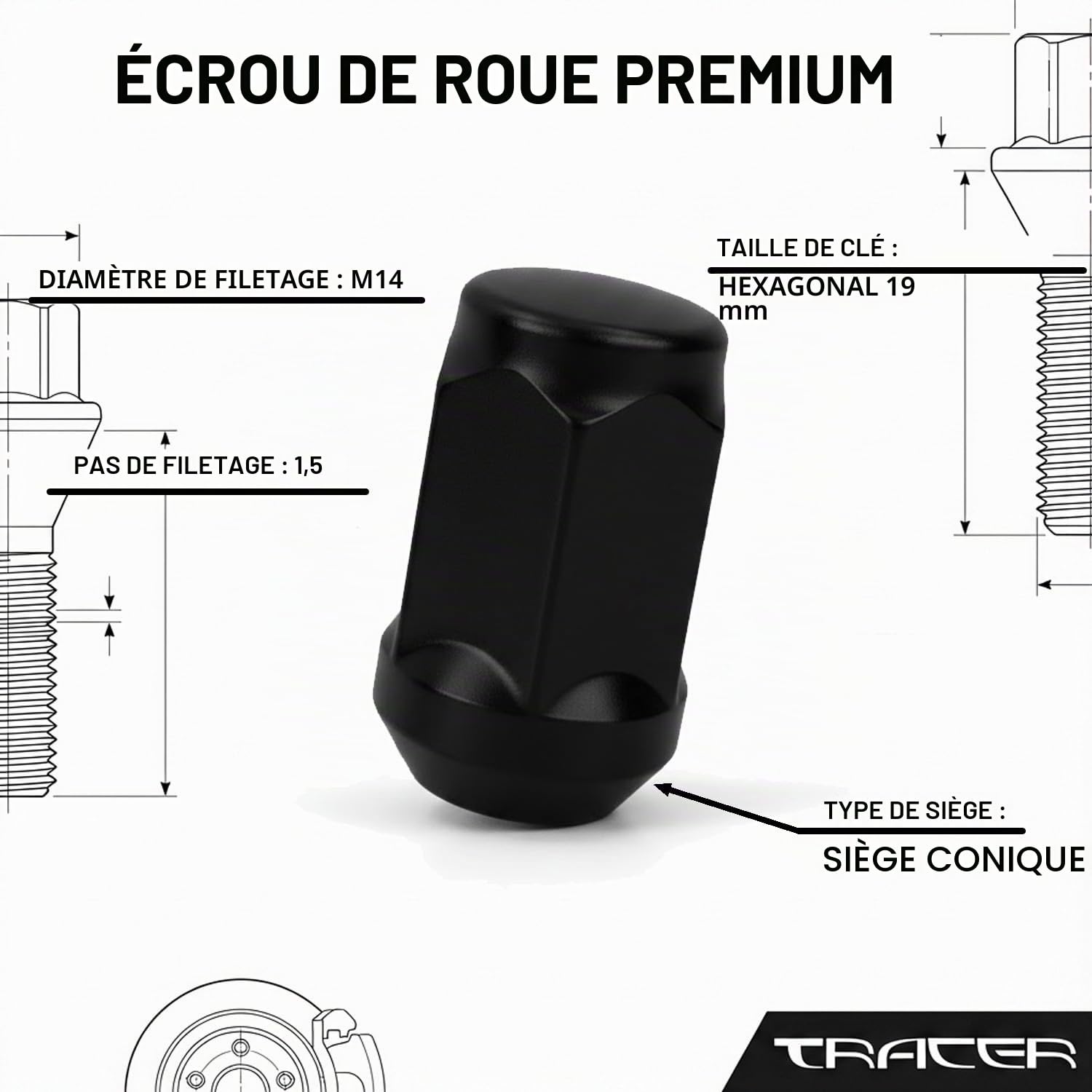 TRACER Lot de 20 écrous de roue coniques fermés noirs M14 x 1,5 compatibles avec Chrysler, Ford, Land Rover, Opel