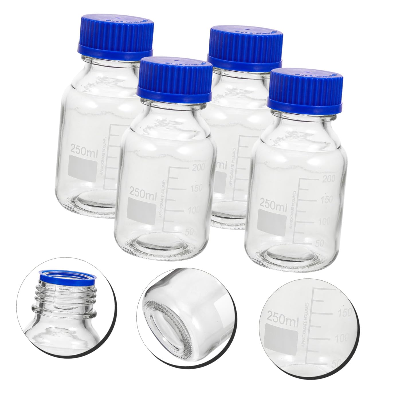 Set 4 Pezzi Bottiglie di Reagente in Vetro Vuote con Tappo a Vite Blu, 250ml, Riutilizzabili e Resistenti All'usura, per Laboratori e Applicazioni Didattiche