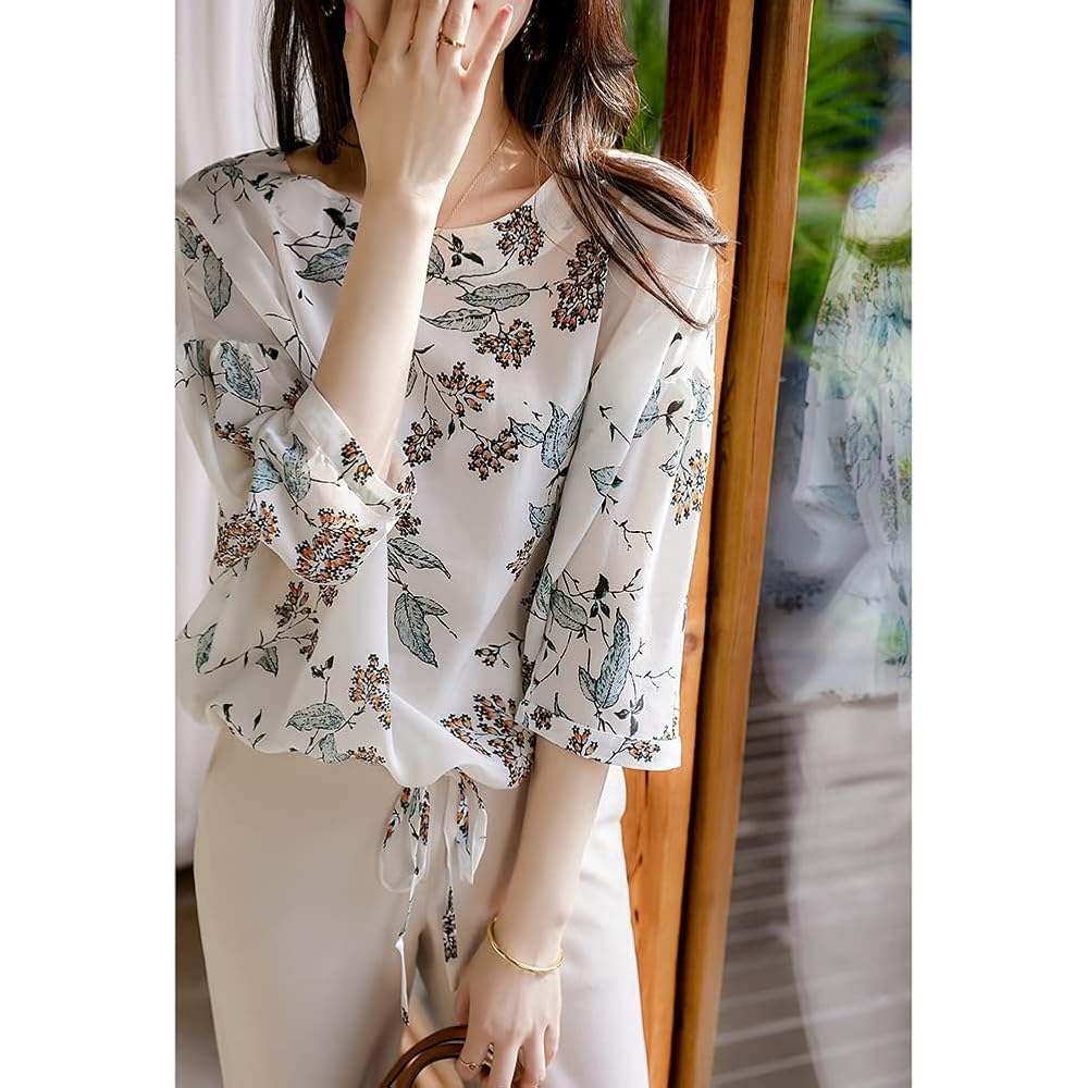 Amazon | [QJCLEAN] 花柄Tシャツ ボタニカル柄カットソー 7分袖