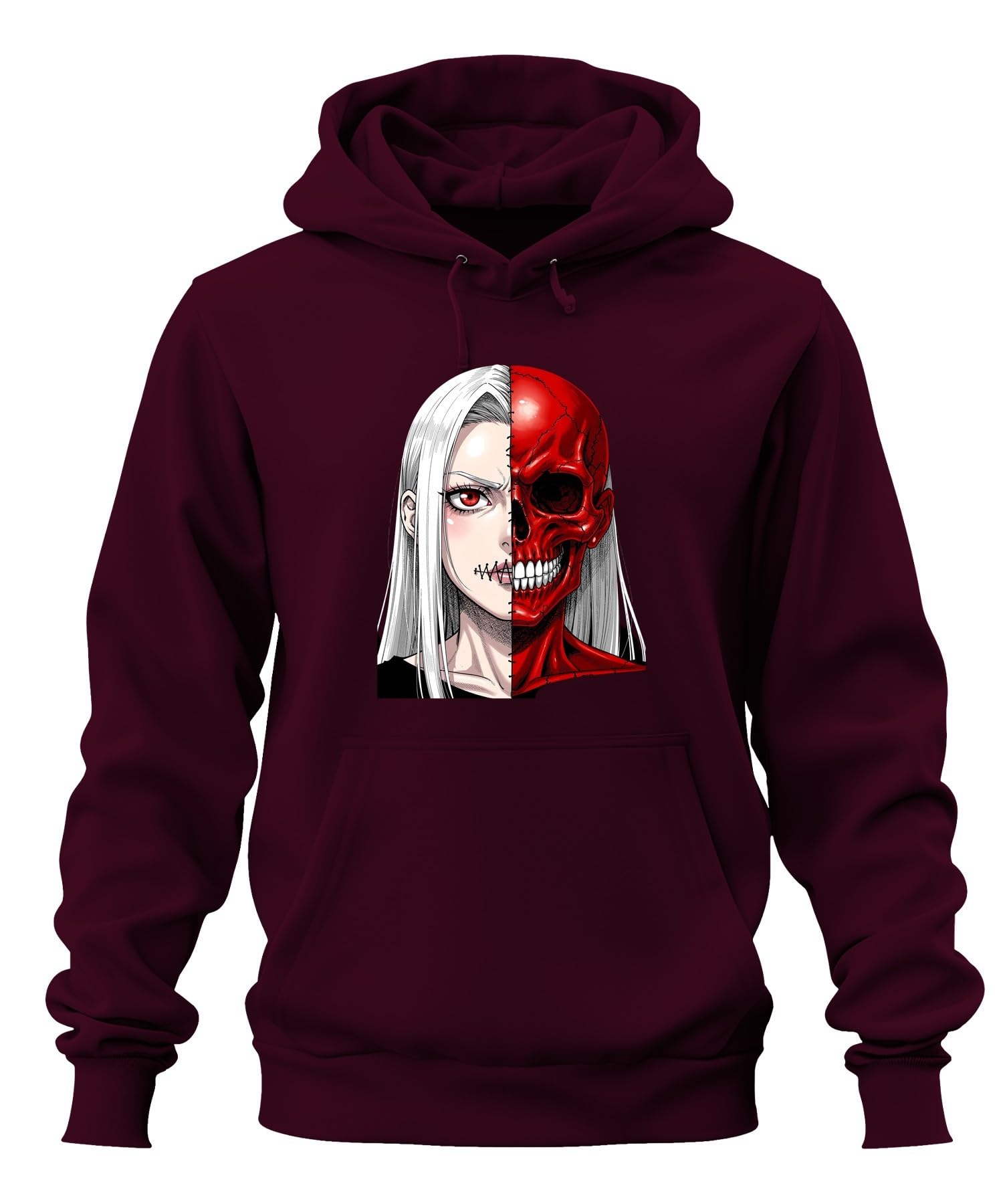 Anime dziewczęca czerwona czaszka horror bluza z kapturem, burgundowa, XL