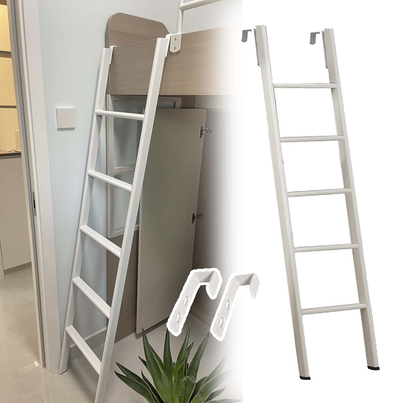 BYFSRUS SpaceSaving White Metal Loft Bed Ladder with Hooks Short Bunk Bed Ladder for RVs 63" High Ideal for Dorms and Compact Living Spaces