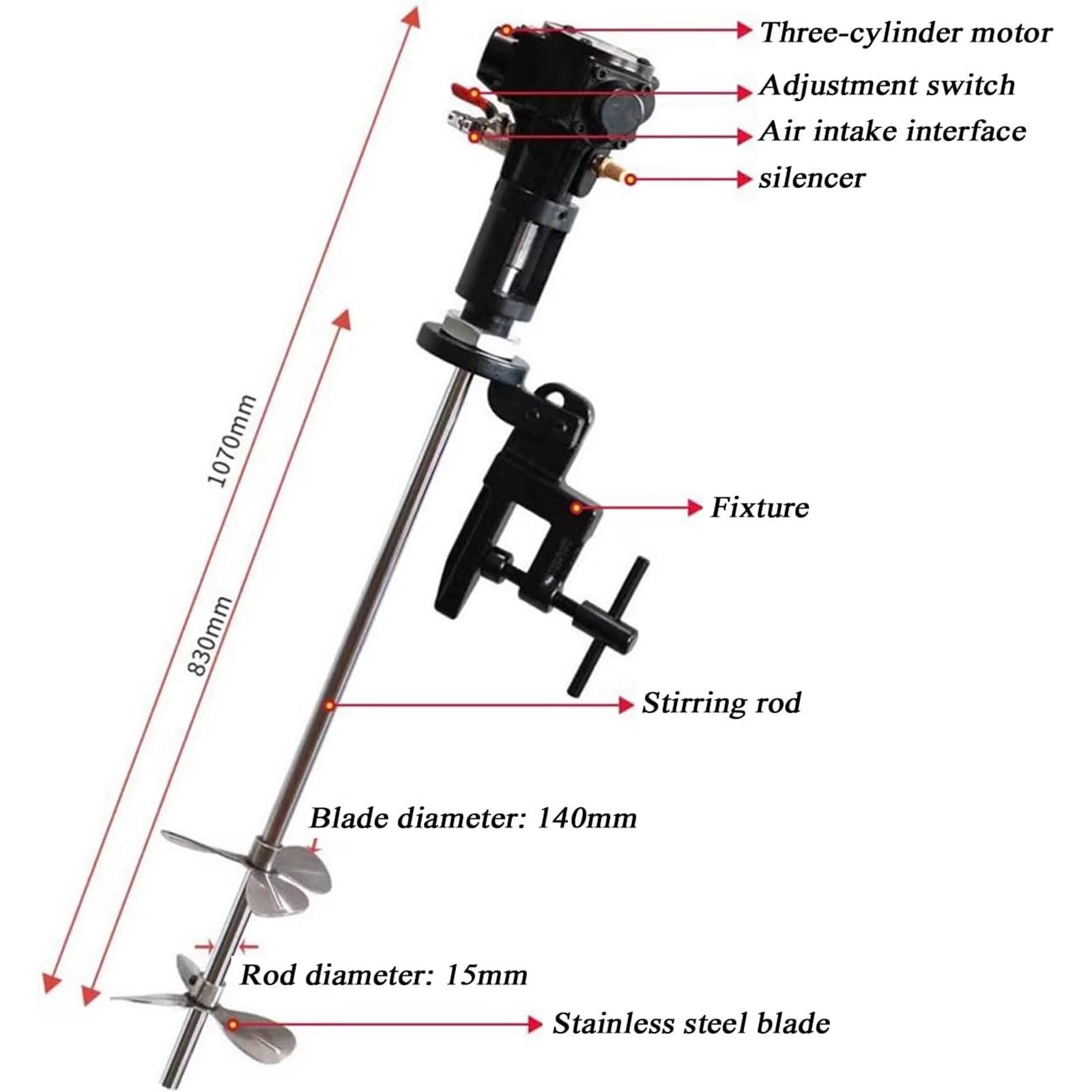 Mieszadło powietrzne, przenośny mikser 2500 obr./min z zaciskiem, ciśnienie robocze 6-8 kg, pręt 830 mm, ostrze 140 mm, idealny do farb, barwników, atramentów i kosmetyków