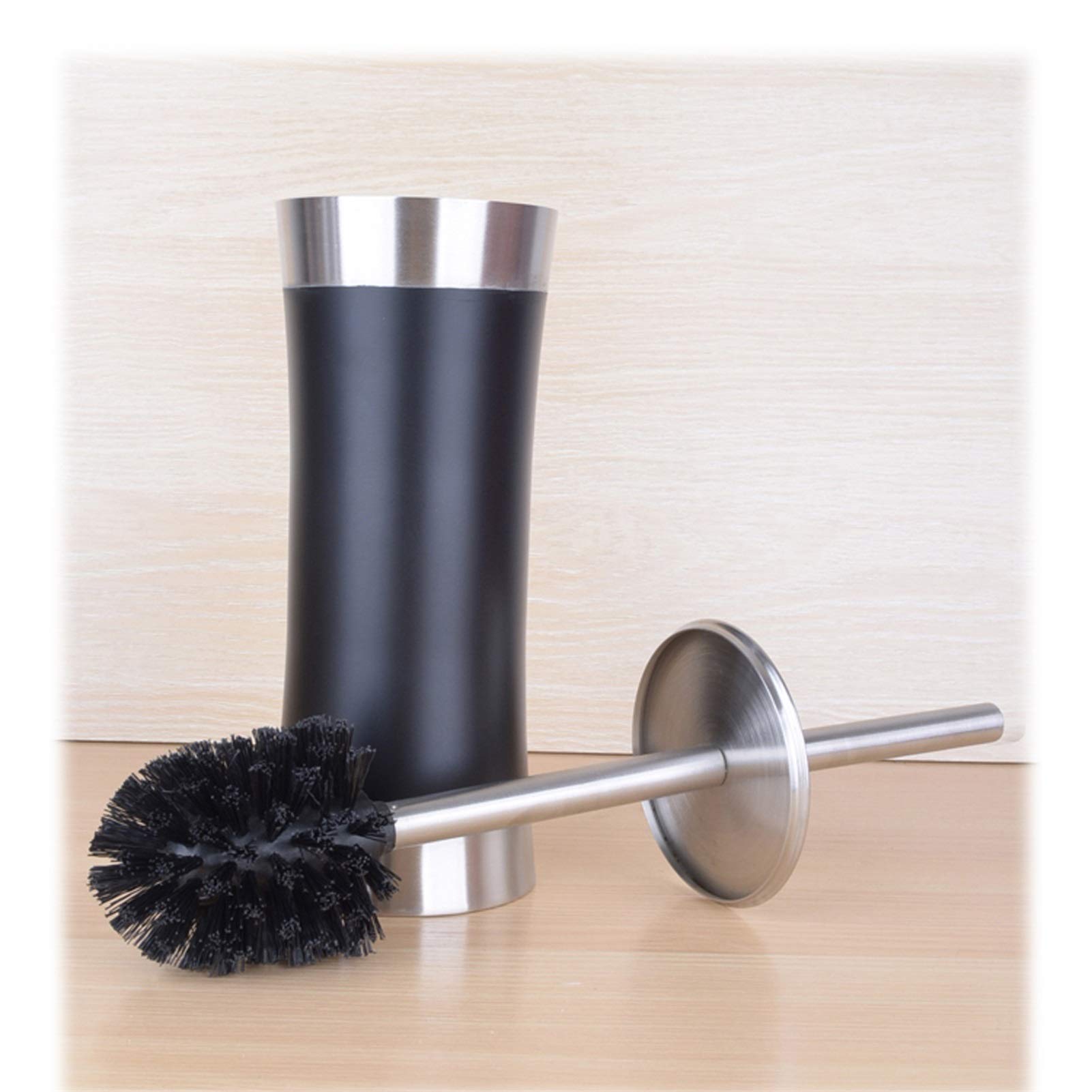 Escobilleros Cepillo de Inodoro de acero Inoxidable Redondo Cabezal tupido Piso de pie, Cepillo de Inodoro, se Puede reemplazar la Cabeza del Cepillo (Negro/Plata) Escobillero(Zwart)
