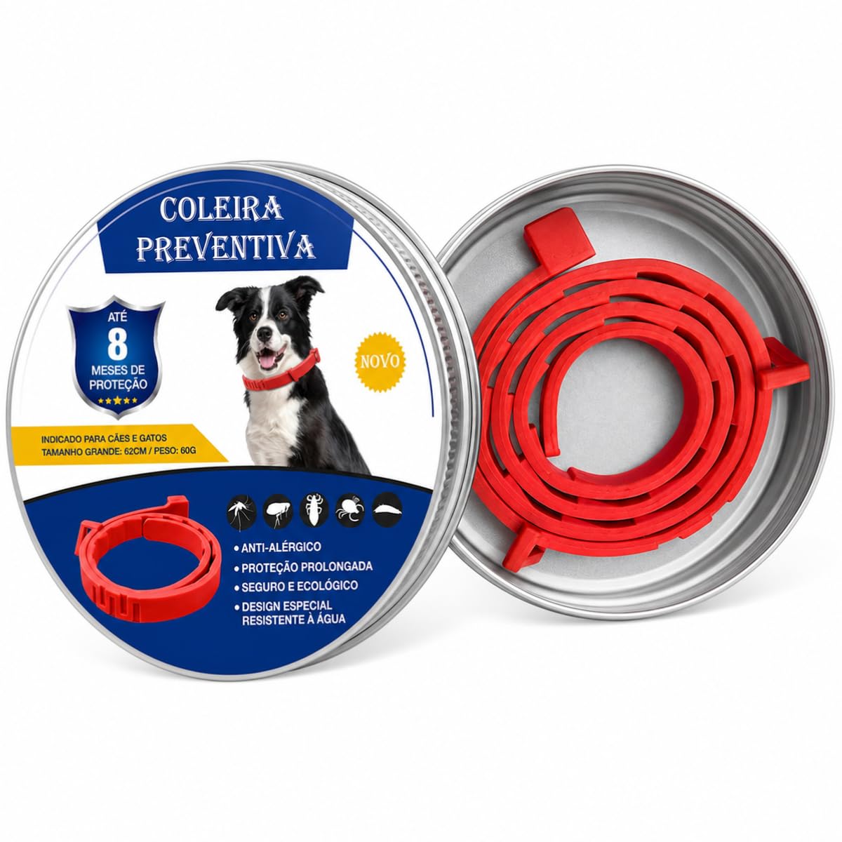 Coleira Anti Pulga Leishmaniose Carrapato Mosquito Cão Gato 62cm (Vermelho, 62cm)