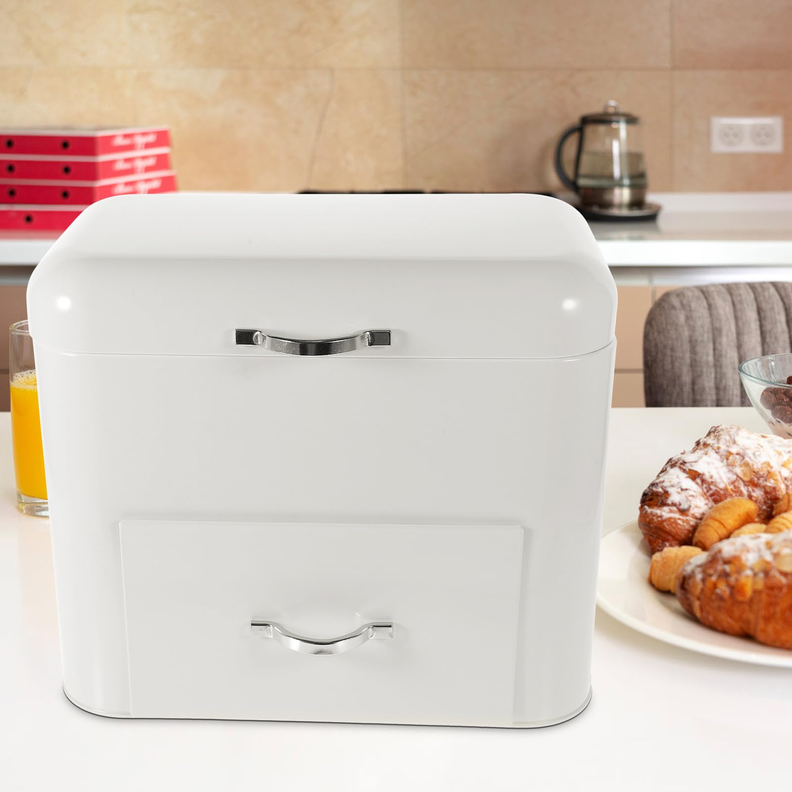 FRCOLOR Caja Espacioso y Resistente para Guardar Pan de Hierro Blanco Gran Capacidad y Diseño Retro Organizador de Alimentos para Cocina y Cafeterías