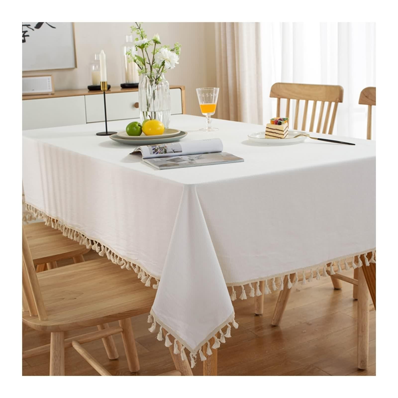 Table Cloth Decor, Tischtuch Weiß Baumwolle Einfarbig mit Quaste Table Cover 140X180CM für Küche Wohnzimmer Esszimmer