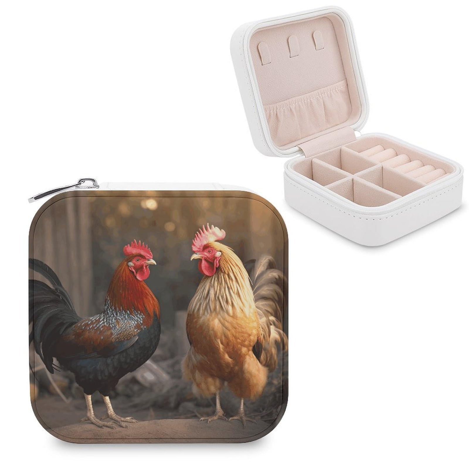 VstaDank Rooster And Chicken Jewelry Box Exquisite Leather Jewelry Organizer Portable Trinket Organizer Fashion Travel Jewelry Case for Rings Earrings Necklaces Unique Gifts for Women