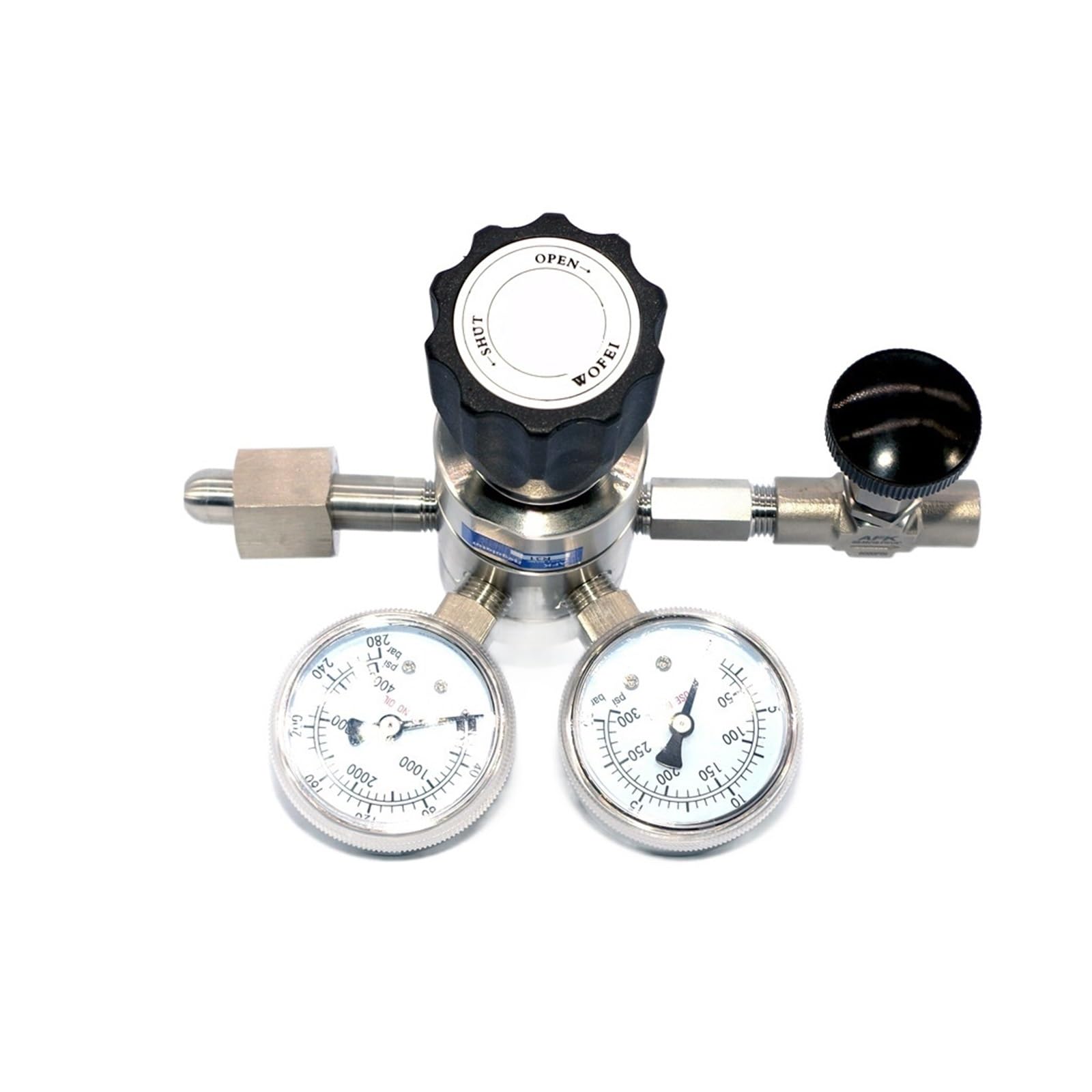 Regulator ciśnienia argonu, wysokociśnieniowy, ze stali nierdzewnej 316L, dwustopniowy, z dwoma manometrami, 6000 psi, z CGA540 i zaworem iglicowym 1/4"