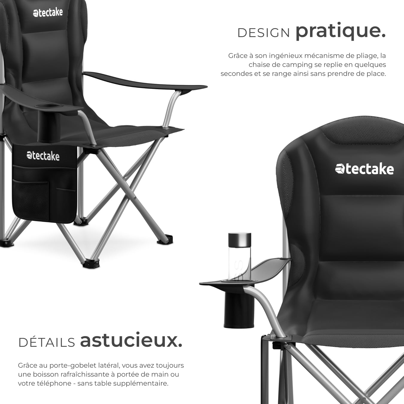 tectake® Lot de 2 Chaise Pliante Camping Fauteuil Pliable Ultra léger Rembourrage en Mousse avec Porte Gobelet & Sac de Transport, idéal Chaise Camping Voyages, Pêche, Festival, Plage
