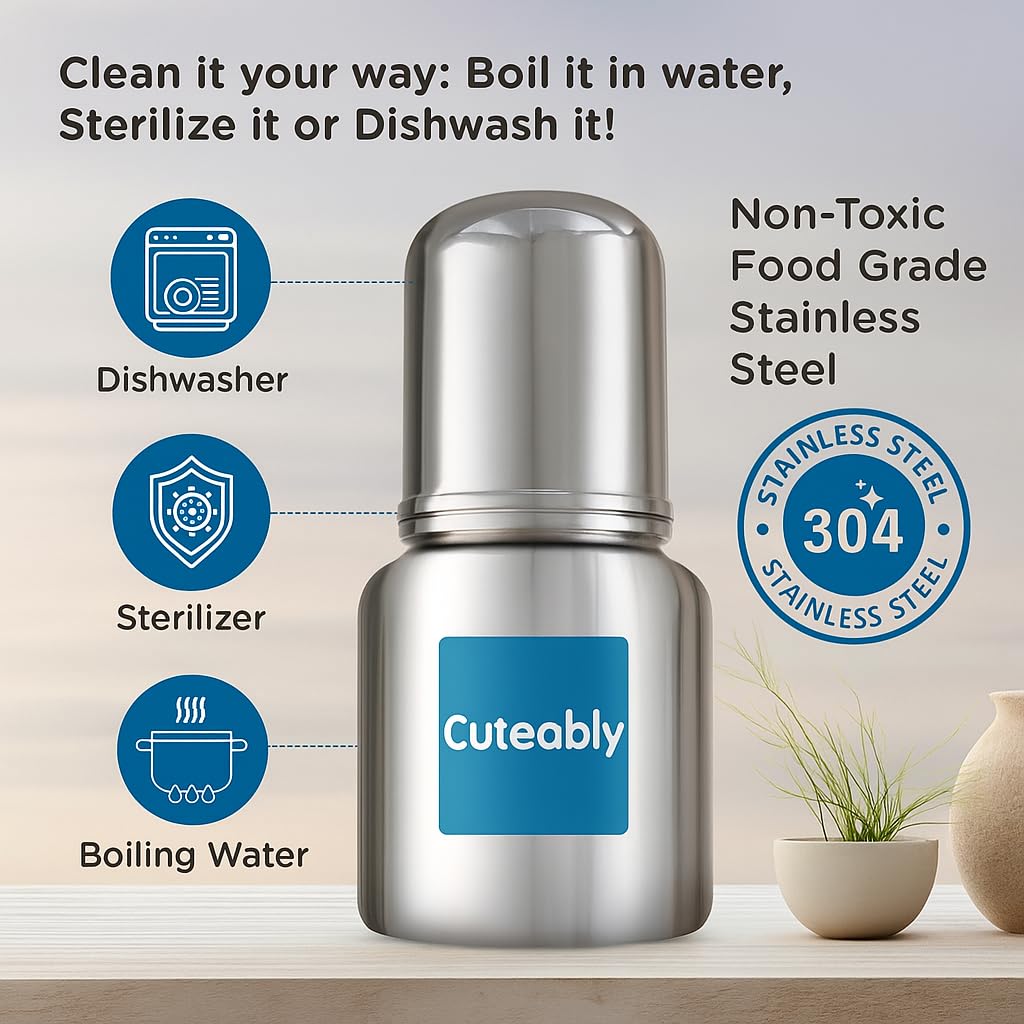 Cuteably Stainless Steel Bottle for Babies – BPA Free, Leak-Proof, Easy to Clean – Available in 200ml – Newborn to 1+ Year Kids 3