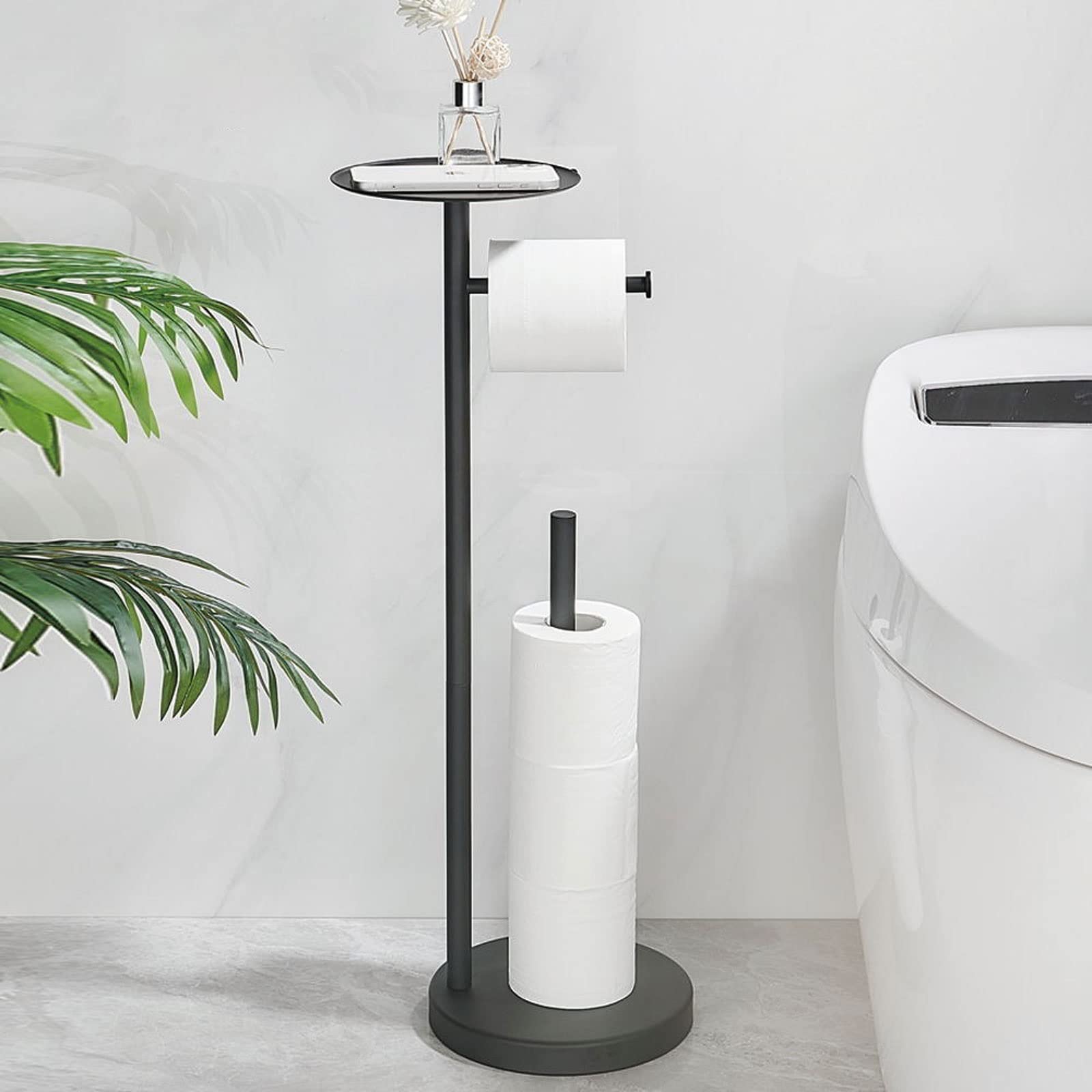 Porta carta igienica autoportante con dispenser di carta igienica in acciaio inox nero e ripiano portaoggetti per l'organizzazione del bagno (nero)