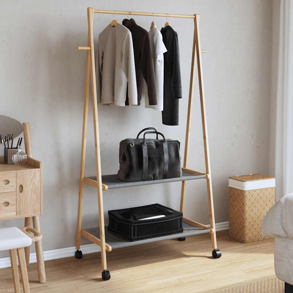 Kleiderständer aus Bambus mit Ablagen und Rollen 96x45,5x155,5 cm, klappbar und rollbar, Garderobenständer mit Kleiderstange, Ablageflächen