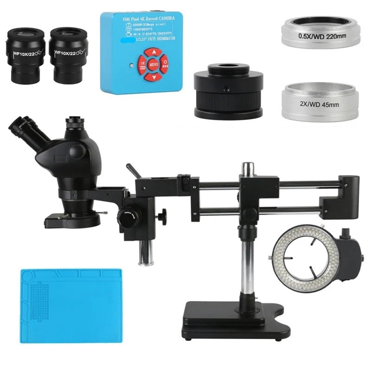 Microscope 8X-50X 4X-100X Zoom Simul Focal Double Boom Stand Stereo Trinocular Microscope + 0.5X 2.0X Lens for PCB Soldering Repair(55MP 4K HDMI USB)