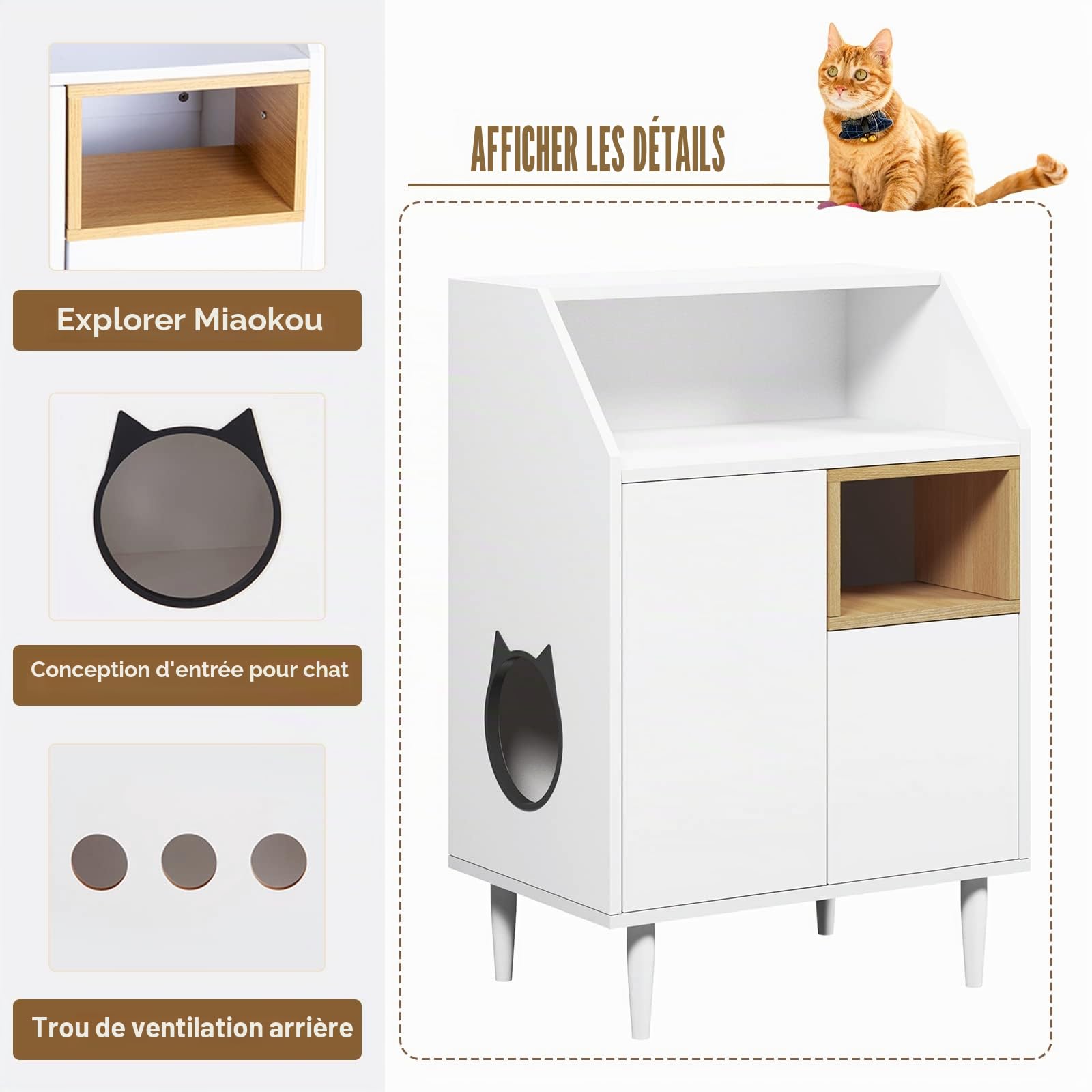 SDHYL Enceintes de bac à Litière Chat Meuble Cachée Armoire de Rangement Salon pour Chat 63 x 42.5 x 92cm Maison pour Chats d'intérieur avec 2 Trous, Ouvert en Haut