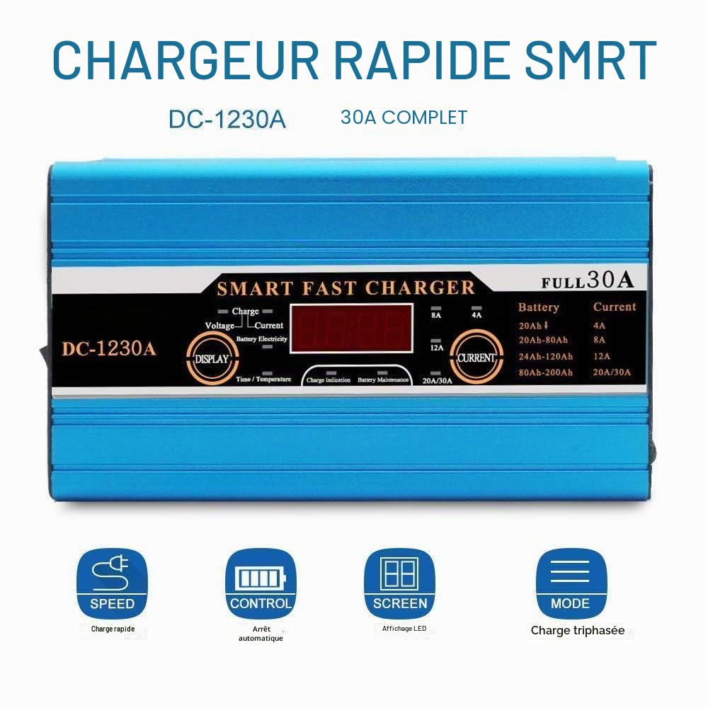 Chargeur de Batterie, Riloer 12V 30A Chargeur de Batterie Intelligent, Charge Rapide, écran LCD pour Caravane, Camping-Car, Bateau, Voiture, Moto