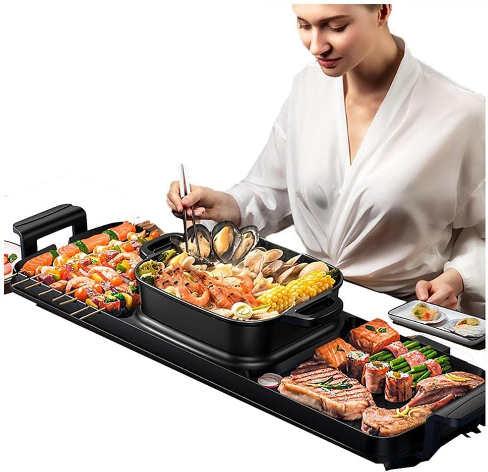Parrilla de Barbacoa Coreana con Olla Caliente 2 en 1-2200W Grill de Interior eléctrico, Olla Doble de Olla Caliente sin Humo, Bandeja Antiadherente, Ideal para 5-10 Personas