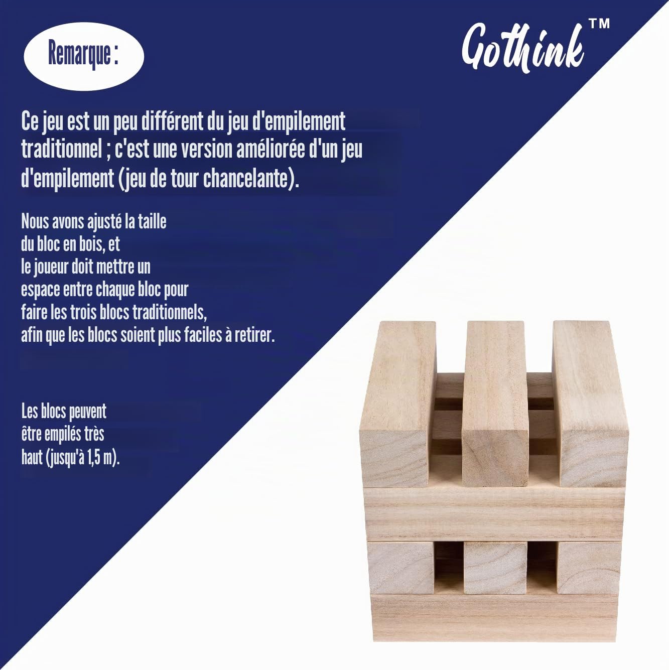 GOTHINK Jeux à Empiler en Bois - 51 Blocs Équilibrés, Empilable Jusqu'à 1.5m de Hauteur, Jeu de Société pour Enfants et Adultes, Idéal pour Fêtes et Soirées