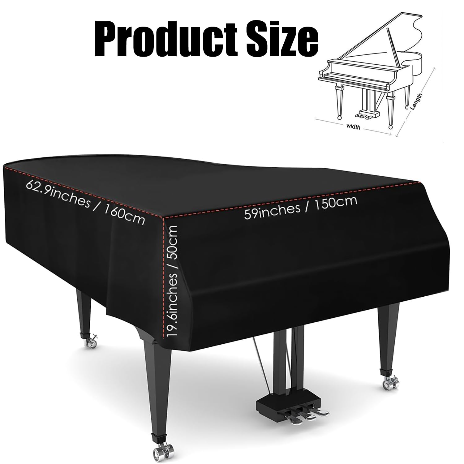 Funda Impermeable para Piano de Cola,Cubierta de Polvo de Aiano de Grano Litchi,Accesorios de Decoración,Negro,160cm