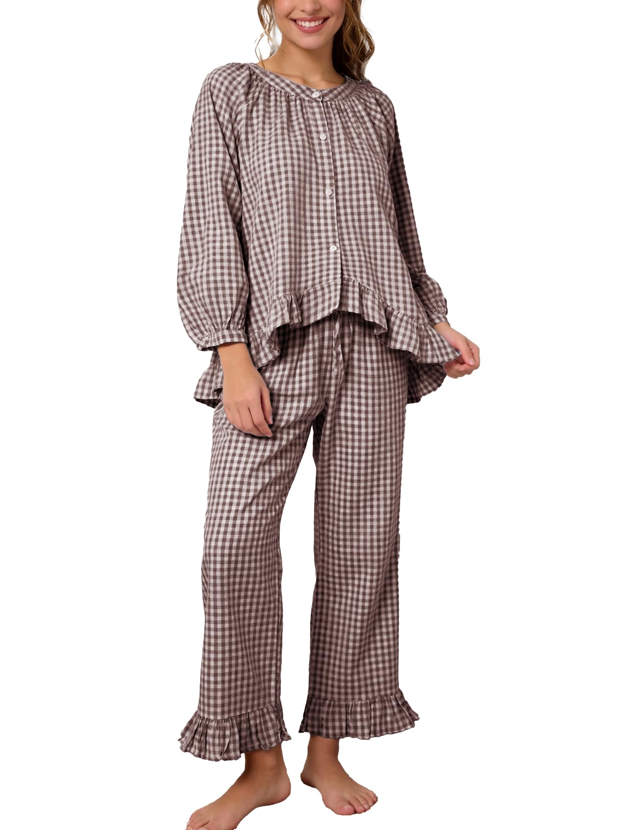Flygo Womens Plaid Pajamas Sets 2 Piece Cotton Pj Set Puff Sleeve Ruffle Babydoll Shirt Gingham Pants Lounge Sets