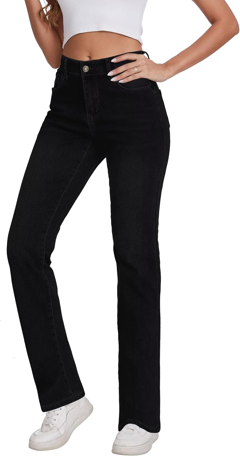 KDF Women's Fleece Lined Jeans Women High Waisted Straight Leg Jeans Winter Fleece Lined Jean Pants - Image 2