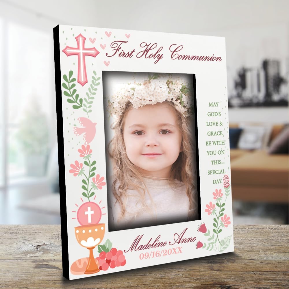 BELLA BUSTA-Personalize My First Holy Communion Theme Picture frame-Cross and Chalice, Religion, Christian Traditions Occasion-UV Print (5x7 Vertical (Girl))