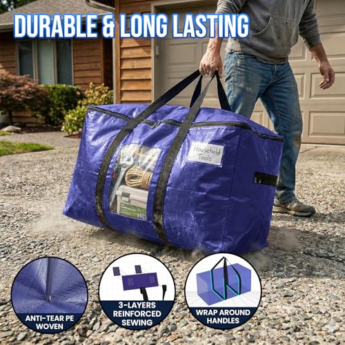 Image of TAILI 10 Pack Dark Blue Extra Large Moving Bags, Heavy Duty Totes with Visible Window, Wrap Around Handles, Great for Space-Saving